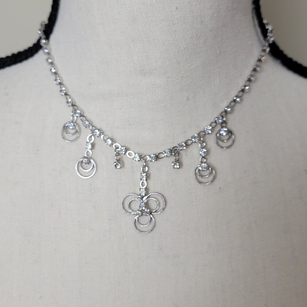 Vintage Silver Tone Delicate Clover Design Rhinestone Necklace/Earrings Set